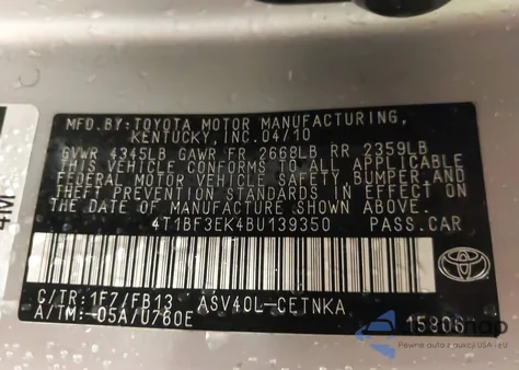 2011 Toyota Camry Se/Le/Xle из США, поврежденный, VIN 4T1BF3EK4BU139350